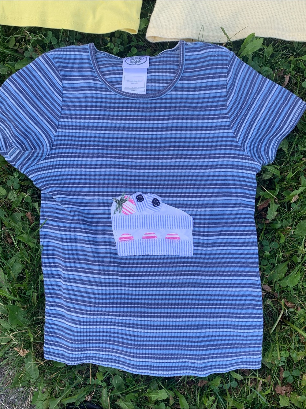 Upcycled Laura Ashley Blue Striped Cake Patchwork Tee | Cottagecore Vintage S